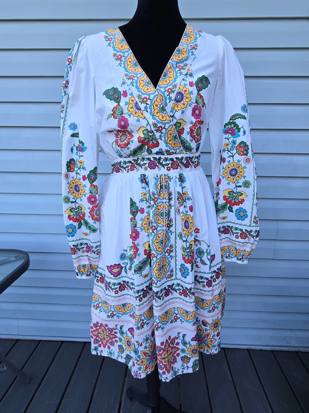 Boden Mya Cotton Short Dress Womens US 6R Floral Folk Boho Long Sleeve V-Neck
